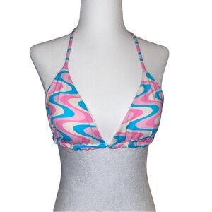 FRANKIES BIKINIS. 'WILDFLOWER' TRIANGLE BIKINI TOP. PINK,WHITE,BLUE. SZ MEDIUM.
